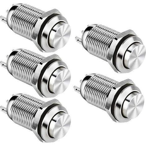 12mm Interrupteur à Bouton Poussoir Momentané étanche en Métal Interrupteurs à Bouton Poussoir SPST NO Interrupteur Momentané 2A 12V/24V/125V/250V 5 Pack(Haute Tête) - (1/5)