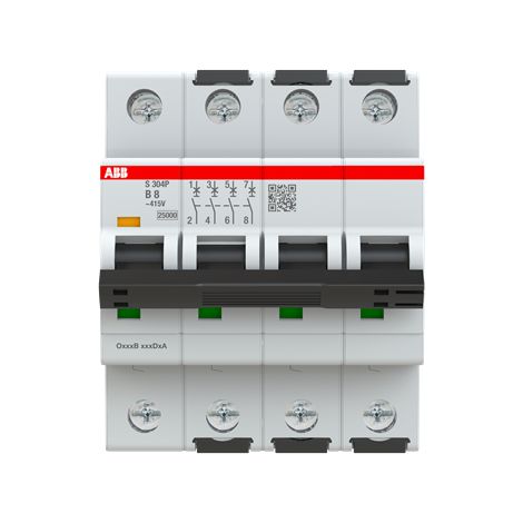 S300P-Disjoncteur 4P-8A-Courbe B-Pdc 25000A-400VAC 25KA-230VAC 50kA-4 modules 2CDS384001R0085 ABB A908611 (1/5)