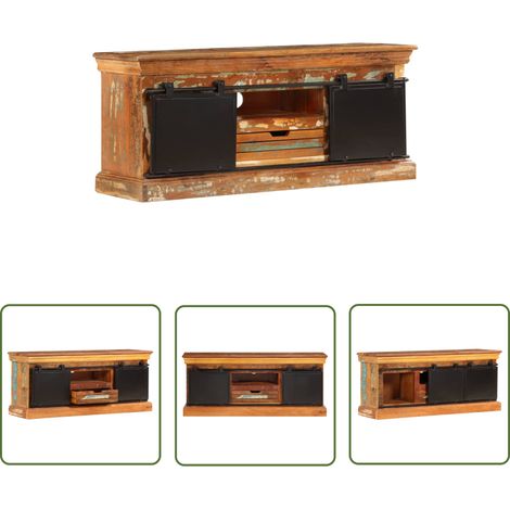 The Living Store Meuble TV 110 x 30 x 45 cm Bois de récupération massif - Meubles Tv - Meubles Rustique - Meuble Rangement - Meuble Ancien - Mobilier Industriel (1/5)