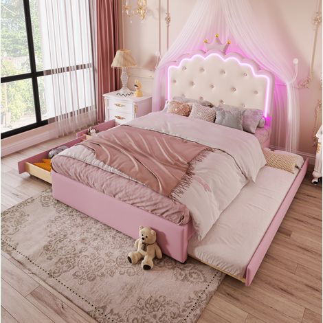 Letto per bambini 140x200 cm rosa in PU con LED, letto estraibile e 2 cassetti (1/5)