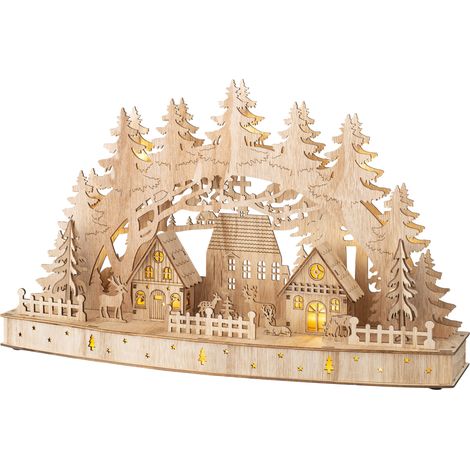 LED Holz Lichterbogen Weihnachtsdorf mit Timer - 44 x 26 cm - Weihnachts Szene warm weiß beleuchtet Batterie betrieben - Weihnachten Deko Beleuchtung Aufsteller Advent Winter Tischdeko Fensterdeko