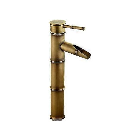 Badezimmerarmatur – Wasserfall-Mischbatterie, Messing-Wasserfall-Waschtischarmatur, antike Messing-Einhebel-Mischbatterie aus Bambus, 2-teiliger Abzweig