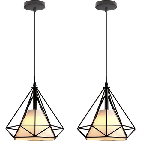E27 Lustre Suspension Vintage Lampe Suspension Abat-jour Forme Diamant Éclairage de Plafond en Métal et Tissu Ø25CM Noir - 2Pcs