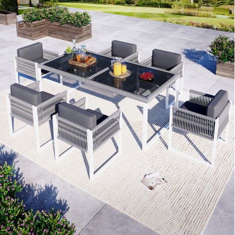 Ensemble repas de jardin 170x80x75 cm gris et blanc en fer et polyester avec plateau en verre trempé et coussins amovibles (1/5)