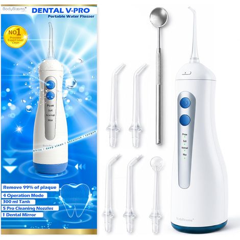 Hydropulseur dentaire portable Dental V-PRO de 300 ml, hydropulseur dentaire, haute pression avec 5 buses + 1 miroir pour nettoyage des dents profond, hydropulseur étanche (1/5)