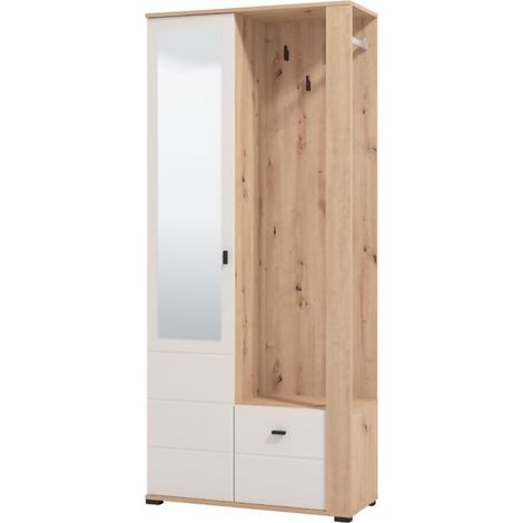 Mueble de Entrada Vique, Espejo Incluido, 6 Estantes, Perchero, 87x36x197h cm Blanco Crema