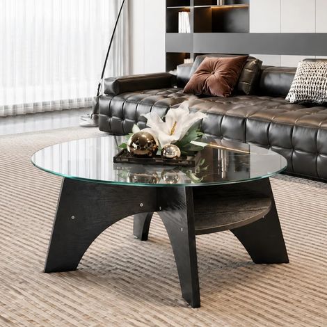 Table d'appoint ronde moderne en verre de sécurité - Ø 80 cm, design multifonctionnel. Piètement en forme d'éventail. Pieds en MDF aspect bois noir. Idéale pour salle à manger, salon, bureau, etc. (1/5)