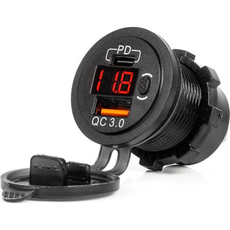 Caricabatterie da auto con prese USB e tester di tensione, impermeabile, con interruttore USB + USB C QC3.0 12/24V amio-04222 (1/5)