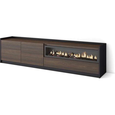 Mueble TV Málaga-02 de 207x50x37 cm con chimenea eléctrica, color roble oscuro y negro (1/4)
