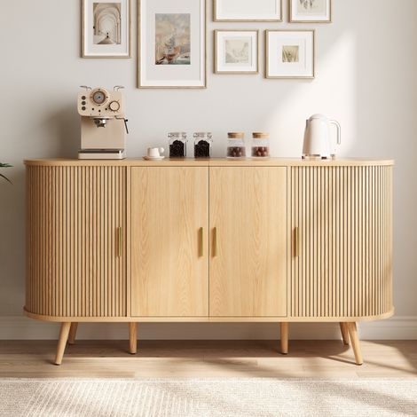 Buffet Design Naturel 150 cm, Commode de rangement portes coulissantes & battantes, Meuble bas design scandinave, pour salon cuisine (1/5)