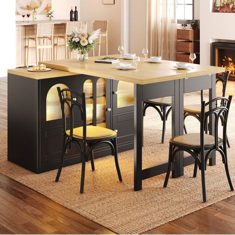 MODFU – Meuble 3-en-1 pivotant 360° MDF – Table extensible 120-197 cm et LED RGB – Portes vitrées et charge 60 kg – Cuisine – Noir (1/5)