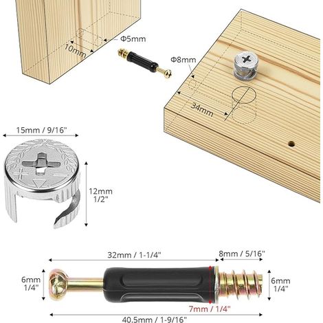 ferrure d'assemblage pour Armoires en Bois, Raccords de Came Ø15mm, Connecteur Invisible M6 x 40mm (1/3)