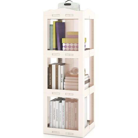 COSTWAY Libreria Girevole Pieghevole, Scaffale Traslucido Girevole a 360° con Base Rotante, Scaffale Alto Angolare da Esposizione per Soggiorno, Studio (Bianco,3 Livelli) (1/5)