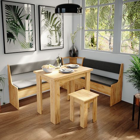 Conjunto con banco esquinero Roman, Roble dorado, 180 x 41.5 cm con mesa, Vicco