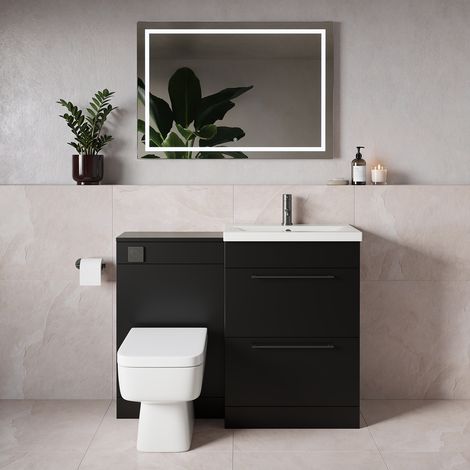 Napoli 390 Matt Black 1100mm 2 Drawer Vanity Unit Toilet Suite with Glide Basin - 1100mm - Gunmetal Grey 320mm HandleWith Kingston Toilet Pan and Seat