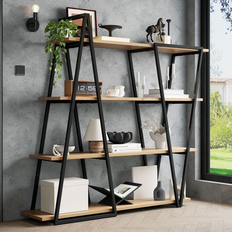 Étagère debout géométrique – Bibliothèque métallique ouverte – Tablettes MDF épaisseur 25 mm – Design triangulaire, anti‑basculement – 158×35×166 cm (1/5)