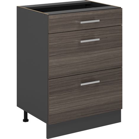 Mobiletto base per cucina R-Line, Grigio nobile, 60 cm con cassetti, senza piano di lavoro, Vicco