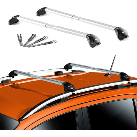 OMAC Barres de toit transversales certifiées TÜV pour Universal – Verrouillables (4 antivols) – Charge max 100 kg – Sangle inox + protection caoutchouc Argent (1/4)