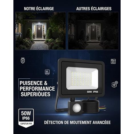Projecteur LED Extérieur 50W avec Détecteur de Mouvement, 5000LM Blanc Froid 6000K, IP66 Étanche Spot Extérieur LED, pour Jardin, Garage, Patio, Cour, Entrée (Noir) (1/4)
