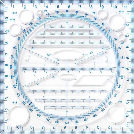 Règle de dessin multifonction antidérapante avec rotation à 360°, gabarit de mesure rond, courbe, lignes verticales et parallèles (1/5)