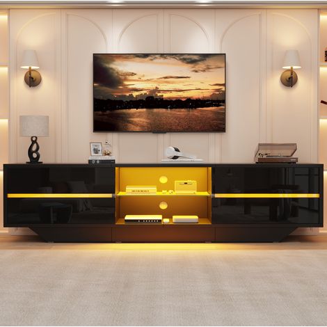 Meuble TV 160 cm avec lumière LED, 2 portes rabattables, 4 compartiments et finition brillante, noir (1/5)