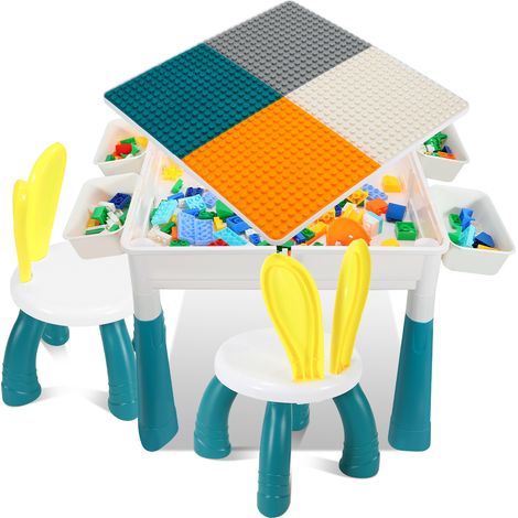 Jiubiaz Mesa para niños, set con 251 piezas de bloques de construcción y 2 sillas, Mesa de actividad multifuncional para niños, Set de mesa y sillas, 51x51 cm (1/5)