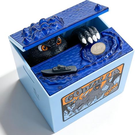 Salvadanaio elettronico per bambini, 10 x 12 x 9 cm, design dinosauro, fantastici effetti sonori e luminosi, salvadanaio divertente per Halloween, regali di compleanno, blu (1/5)