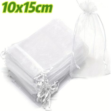 (Blanc 10 x 15 cm, 100 pièces) Filets de protection réutilisables pour fruits, avec cordon de serrage, verts, pour arbres, légumes, raisins, fraises, etc. (1/4)