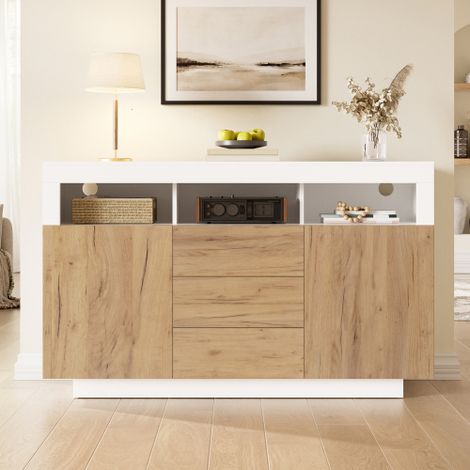 Buffet 2 portes 3 tiroirs et 3 niches ouvertes, 140 x 40 x 85 cm, PB, blanc et bois naturel