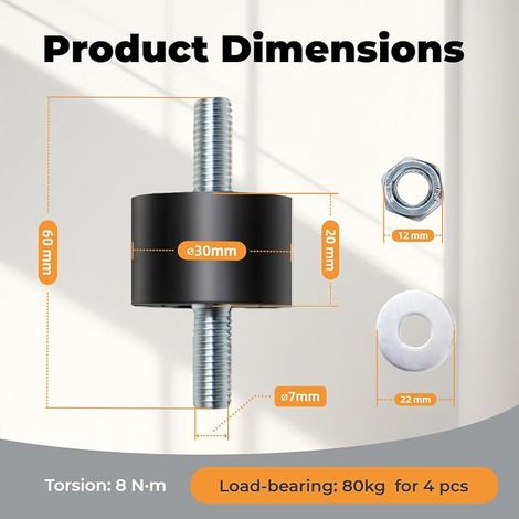 Rubber Pads M8 (30 x 20mm) - Vibration Dampers for Air Conditioners, Heat Pumps, Air Compressors, Motors and Water Pumps, Anti-Vibration Feet to Reduce (1/3)