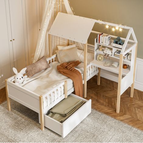 Letto a casetta bambini 90x200 cm con sponda anticaduta, rete a doghe, scrivania a L, ripiano e cassetti con ruote, senza materasso, bianco