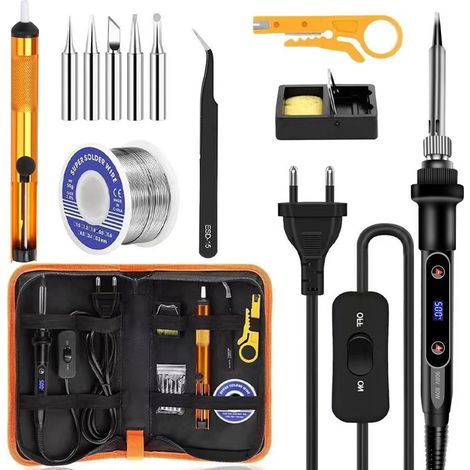 Kit de fer à souder LCD 80 W - Température réglable de 180 à 520 °C - Avec interrupteur marche/arrêt - Fer à souder avec 5 pointes - Fil à souder de 50 g - Pompe à dessouder - Support de fer à souder (1/5)