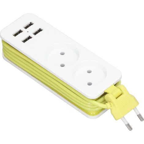 Prolongateur multiprise 1200W 10A 250V, 2 prises rondes allemandes + 2 fiches européennes, 4 ports USB, câble d’extension blanc et vert pour smartphones et tablettes, adaptateur multiple norme CE (1/5)