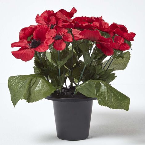 HOMESCAPES Artificial Red Poppy Flower Arrangement in Grave Pot