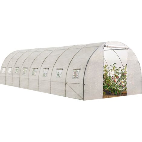 Tunnel-Gewächshaus 24 m² (8 x 3 x 2 m) aus verzinktem Stahl + UV-beständige Plane mit Tür und Fenstern, Modell "DES ANDES", weiß (1/3)