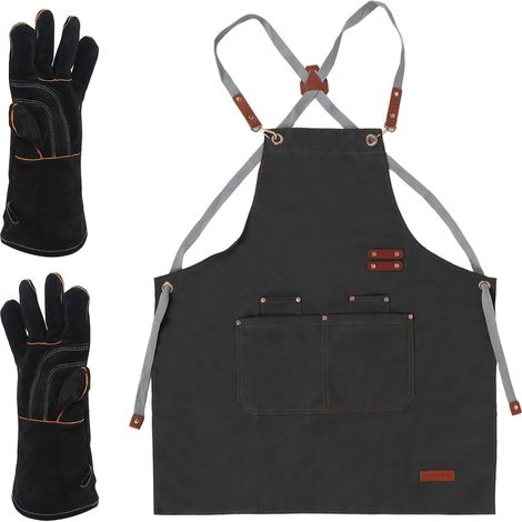 Ensemble tablier et gants de barbecue résistants à la chaleur - En toile robuste - Tablier avec sangle réglable pour barbecue, soudure et pâtisserie - Pour homme (1/5)