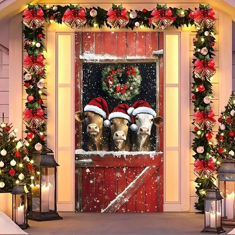 Rideau de porte de Noël 2026, bannière extérieure avec fond photo Père Noël et chien, tissu à suspendre - 90 x 180 cm (œillets + ruban) - 20