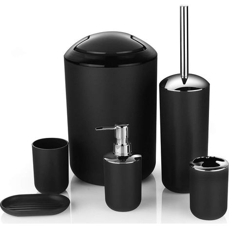 Ensemble de salle de bain neuf : Set d'accessoires 6 pièces — Comprend une poubelle plaquée, un porte-brosse à dents et un porte-savon (Noir) (1/2)