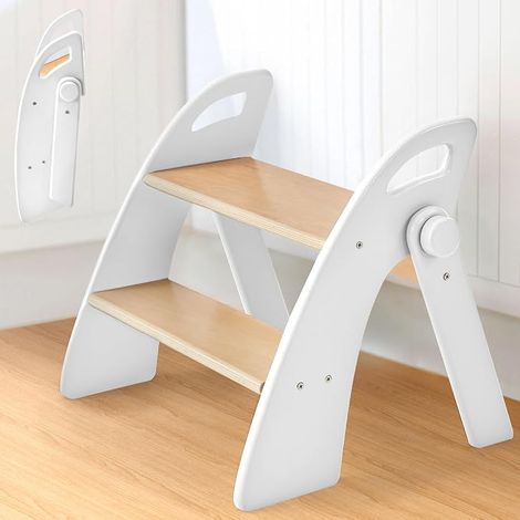 Kids Wooden Folding Step Stool with 2 Steps Capacity with Non-Slip Mat and Handles, Stool for Bedroom, Bathroom, Kitchen, White (1/5)