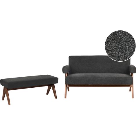 Conjunto de sala de estar retro sofá 2 plazas banco tapizado de bouclé patas de madera negro y marrón oscuro Tamre (1/5)