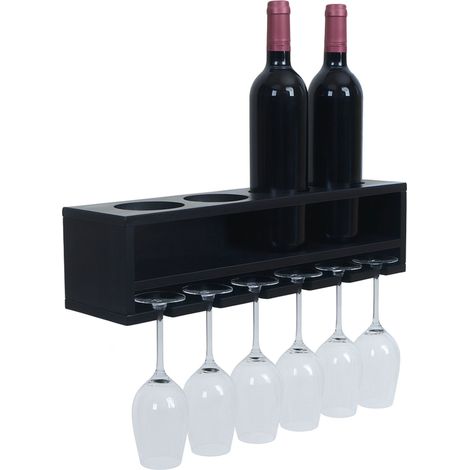 Weinregal HHG-703, Glas-/Flaschenhalter Wandbar Regal für 4 Flaschen/6 Gläser Holz MVG-zertifiziert 12x48x12cm schwarz