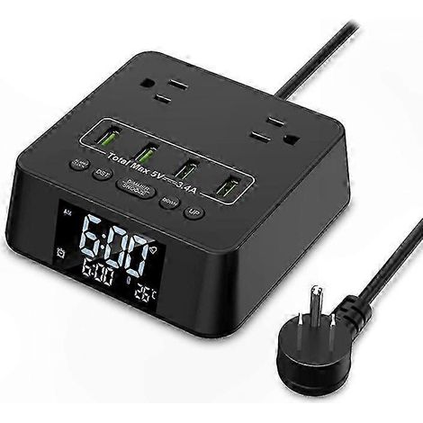 Réveil numérique avec chargeur USB et protection contre les surtensions, 3 prises intégrées, double alarme avec fonction répétition, écran à luminosité réglable (1/5)