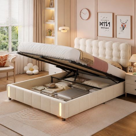 Lit coffre 160×200 cm,éclairage LED à capteur,lit double rembourré,rangement hydraulique,cadre de lit 160×200,tête de lit rembourrée,style moderne,sommier à lattes,lit adulte,Velours,Beige (1/5)