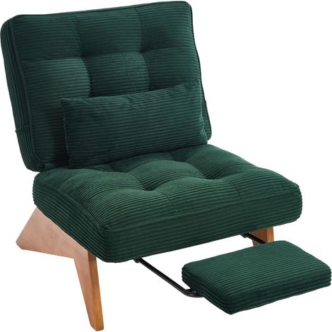 Fauteuil lounge sans dossier en tissu côtelé vert foncé avec repose-pieds, coussin lombaire et pieds en bois pour séjour ou chambre (1/5)