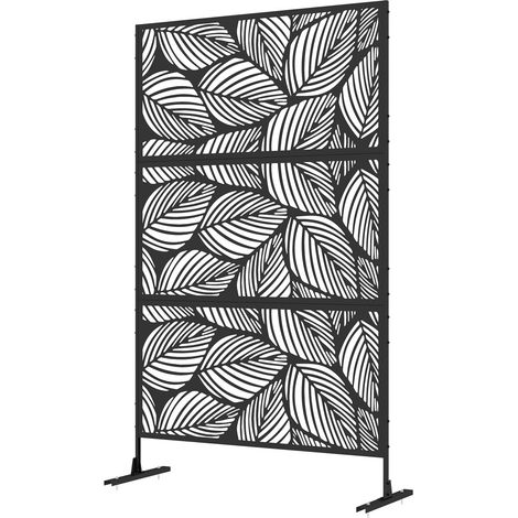 Biombo de privacidad para jardín, 122 x 198 cm, biombo de privacidad para balcón, diseño de hojas, separador de ambientes de acero y soporte, negro