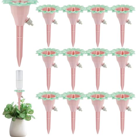 Lot de 12 dispositifs d'arrosage automatique avec vanne de contrôle du débit, picots d'arrosage réglables et insert pour jardinière à arrosage automatique d'intérieur. (1/5)