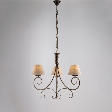 Lustre Vienna Fer Marron, Décor Or Antique, Abat-Jour Jute D.13, 3 Lumières D.52 Cm, Idéal Pour Petit Salon Cosy