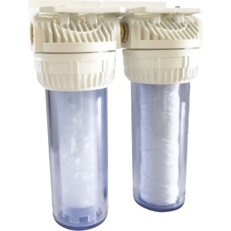 Filtre sur robinet double 20µ – Protection anti-calcaire avec cartouche polyphosphate – Élimine les sédiments – Pour installations domestiques – Merkur (1/4)