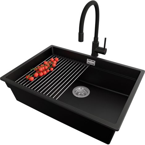 PRIMAGRAN Evier Sous Plan 66x47cm,Evier en Granit 1 bac + Robinet 40x38cm + Kit de Vidage + Égouttoir Enroulable, Évier au meuble 70cm - Prague, Noir (1/5)