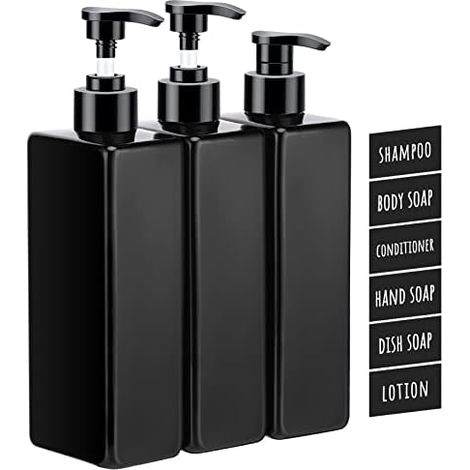 Shampooflaschen, 3er-Set leere 500-ml-Pumpflaschen, nachfüllbarer Seifenspender aus Kunststoff mit wasserfesten, selbstklebenden Etiketten für Küche und Bad, Schwarz (1/5)